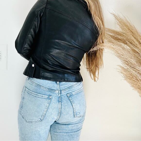 TOPSHOP Black Faux Vegan Leather Offset Side Zip Classic Moto Biker Jacket 4 - Picture 11 of 15